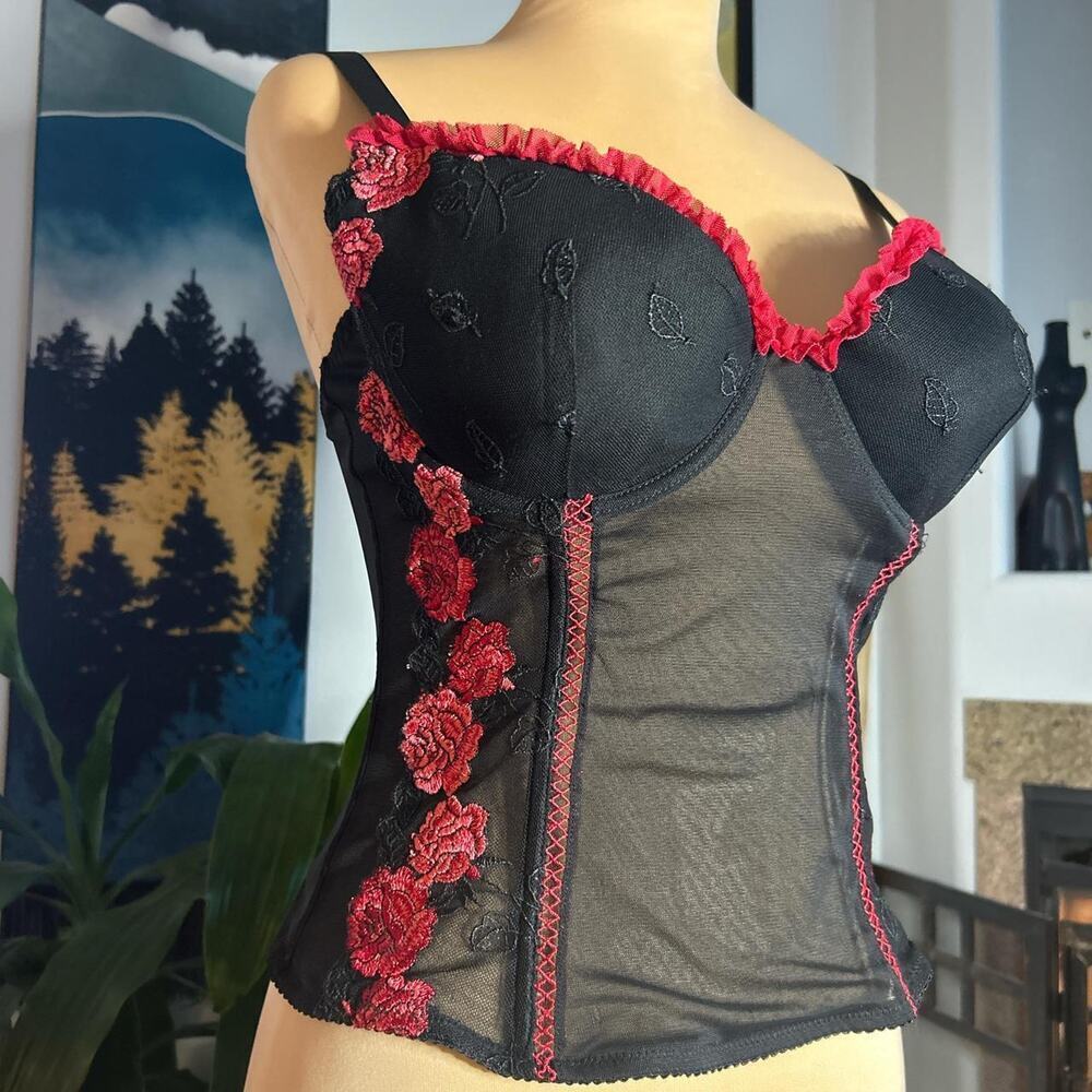 Vintage Delta Burke Black and red corset top women's M/L lace rose embroidered
